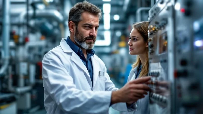 Chemie-Ausbilder in einer Moerser Industrieanlage erklärt Auszubildender Anlagensteuerung