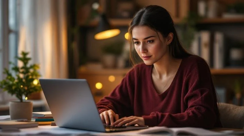 Frau lernt abends am Laptop für ihre IHK-Fortbildung in Mörs