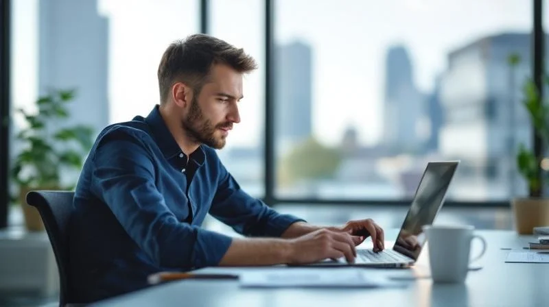 Mann arbeitet konzentriert am Laptop in einem modernen Büro in Mörs