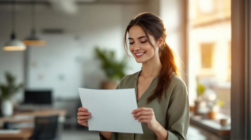 Frau hält stolz ein Zertifikat in den Händen in einem Büro am Niederrhein